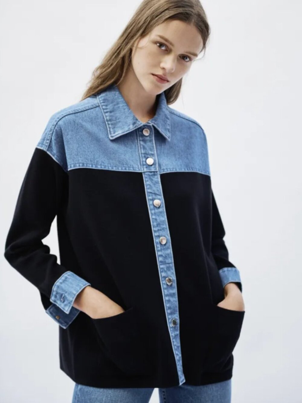 SANDRO Oversized knitted and stretch-denim jacket - Size small